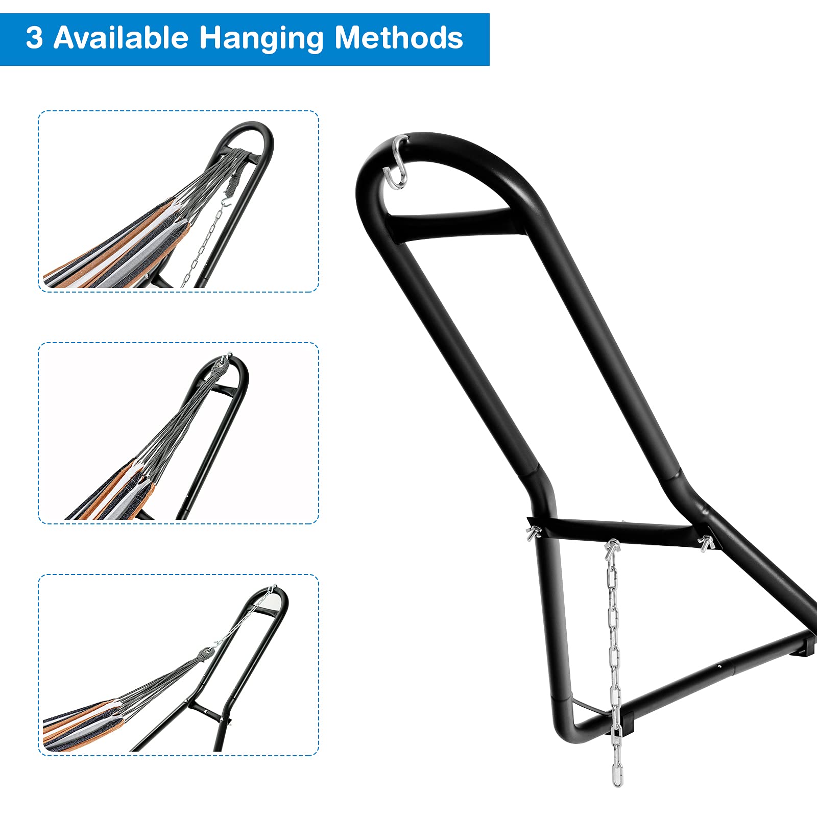 KOMFOTTEU Soporte para Hamaca de Metal, Marco de Hamaca Colgante con Carga de 200 kg, Estructura de Silla Colgante con 2 Ganchos y 2 Cadenas Ajustables, 280 x 98 x 115 cm, Negro