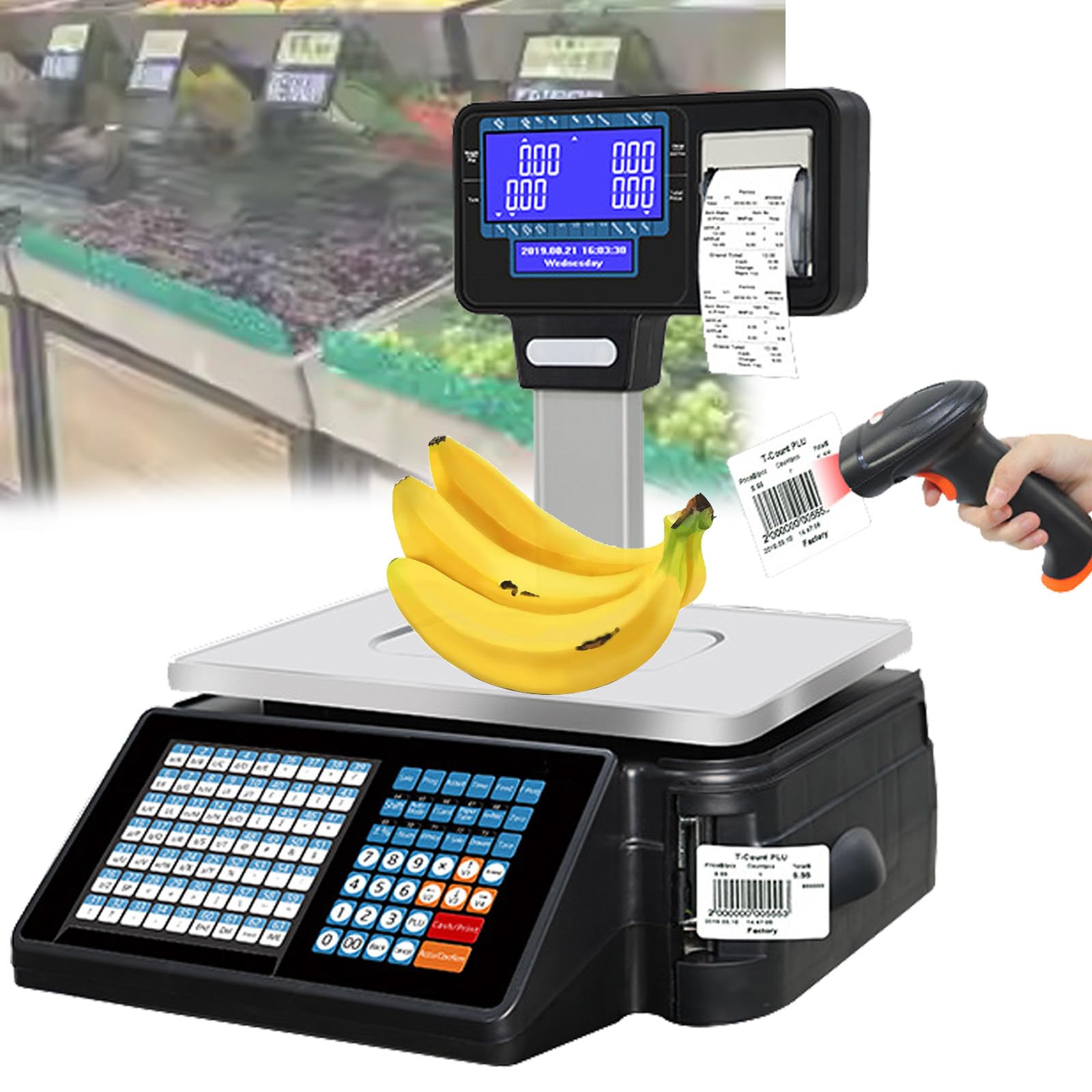 HPTHLY Weighing Scales with Label and Receipt Printer - Ideal for Commercial Food Meat Weighting Shop Retail Electronic Weight Calculator (A)