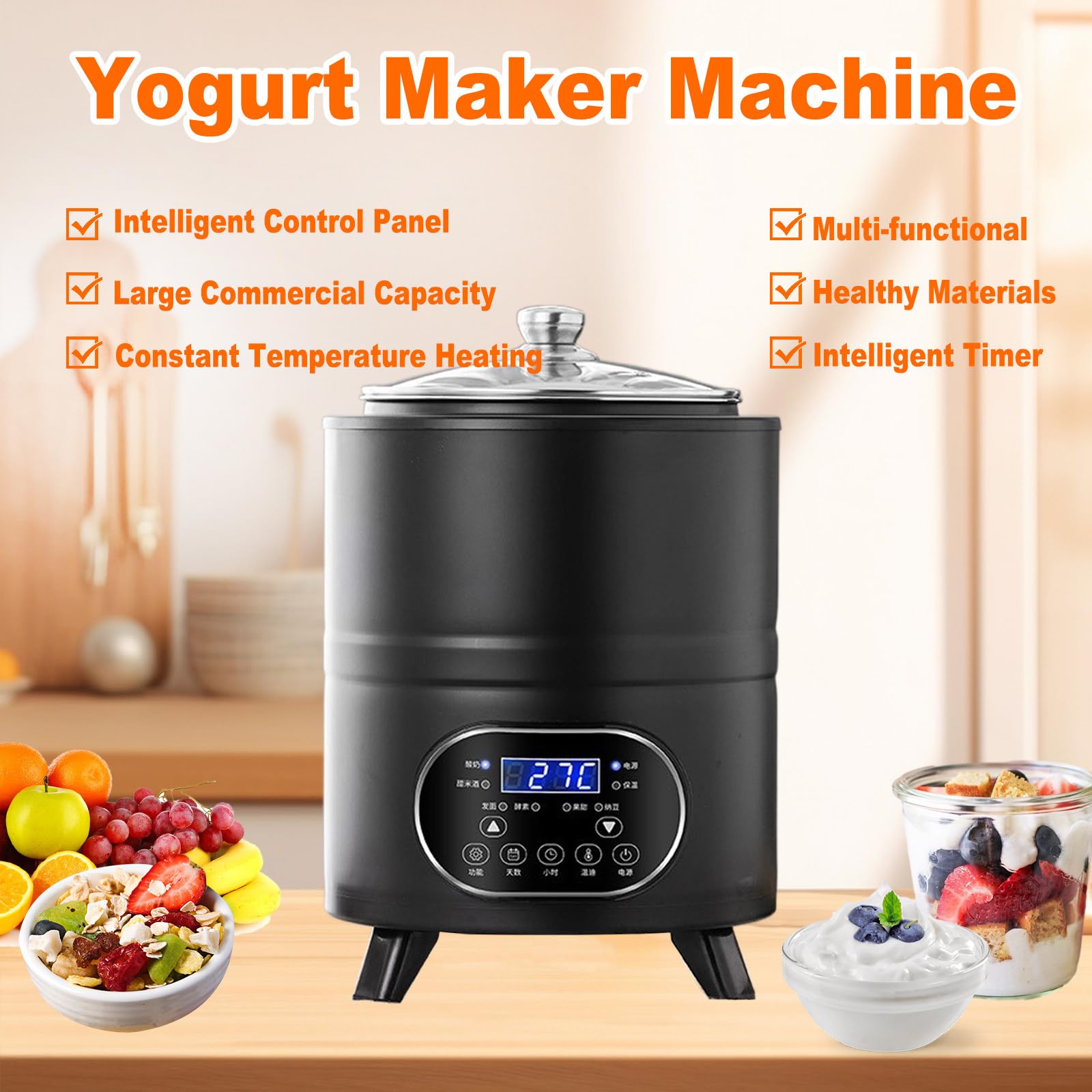 Yogurtiera Greca elettrica da 12 l per Dessert da Festa con Controllo di Tempo e Temperatura, yogurtiera Automatica per Yogurt Biologico Fatto in casa, per Yogurt Fatto in casa Black-12L