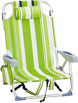 Backpack Beach Chairs for Adults,Folding Heavy Duty Camping Chair with Large Pockets and Cup Holder,Beach Lounge Chairs with Towel Rack for Outdoor,Travel Green Stripes