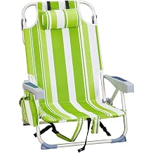 Backpack Beach Chair, 5-Position Aluminum Outdoor Folding Reclining Chairs for Adults, Adjustable Camping Chair with Storage Bags, Headrest & Cup Holder, Low, Green & White