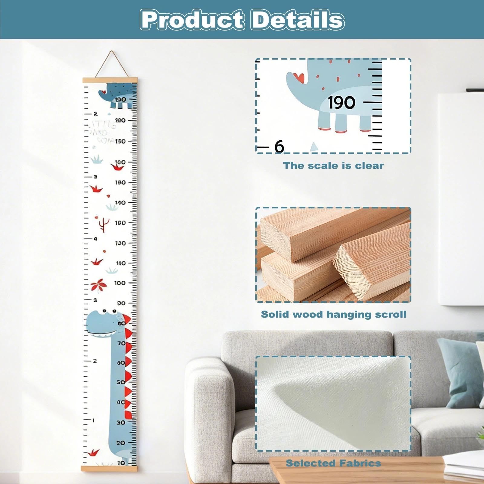 Height Chart for Kids Wooden Kids Height Wall Chart, with Height Stickers & 2PCS Hooks - Image 3