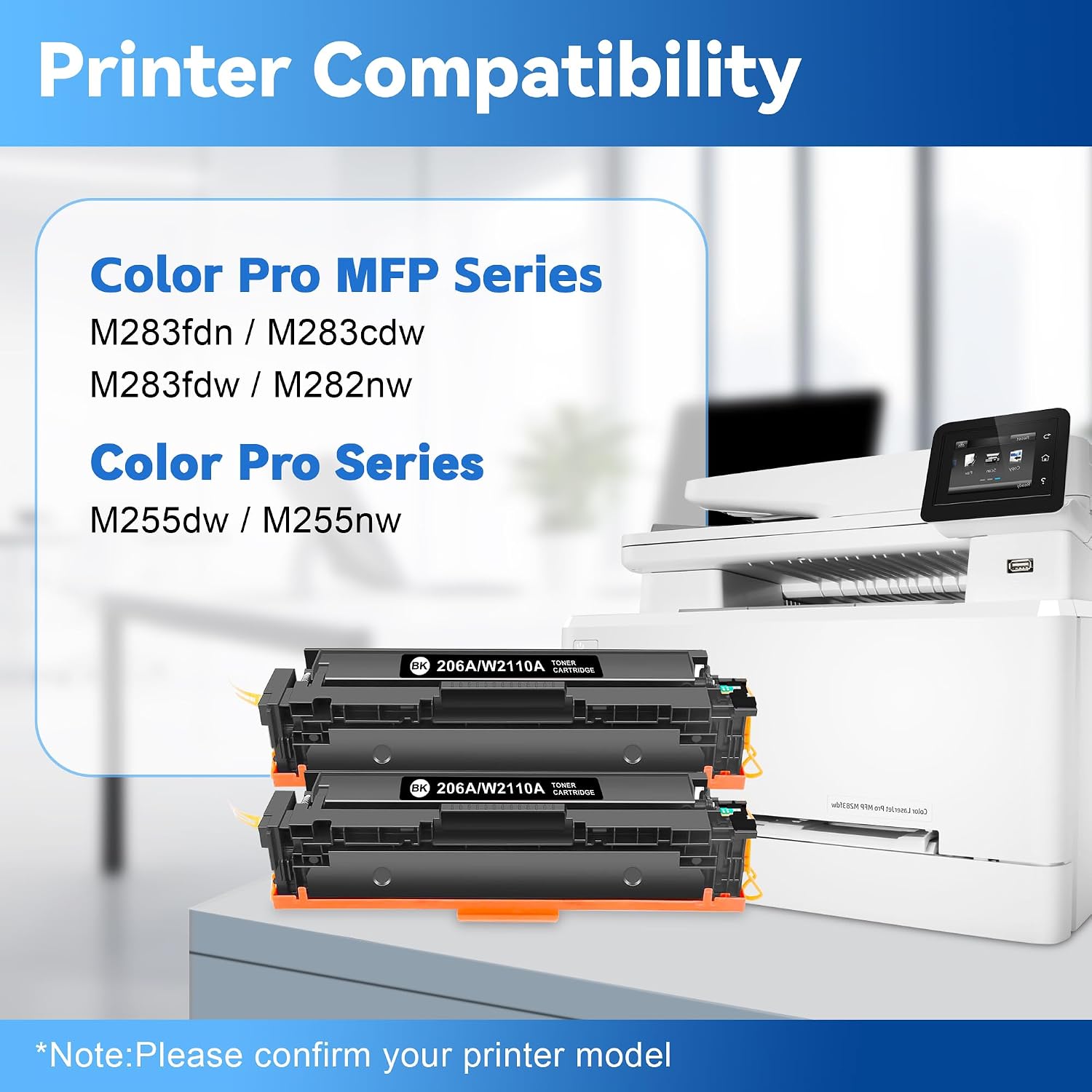 206A Black Toner Cartridge 2 Pack (with Chip) Compatible Replacement for HP 206A 206X Toner for Color Laserjet Pro MFP M283fdw M283cdw M283fdn M282nw M255dw M255nw M283 M255 Printer, W2110A W2110X