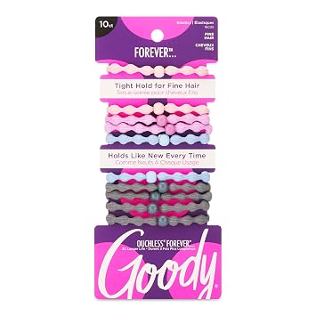 Goody Ouchless Forever Fine Hair Elastics, 10 Ct, Assorted Colors, Damage-Free Bands, 3X Stronger Elastic Ties, Retainable Shape, 16 Strand Inner Core, Styling Accessories for Women & Men