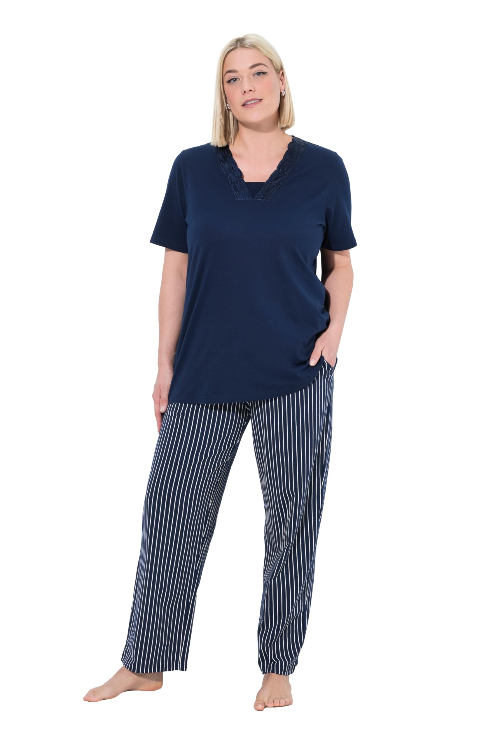 Ulla Popken Ladies Satin Detail Morning Rise Pyjamas, midnight blue, 50-52 Große Größen