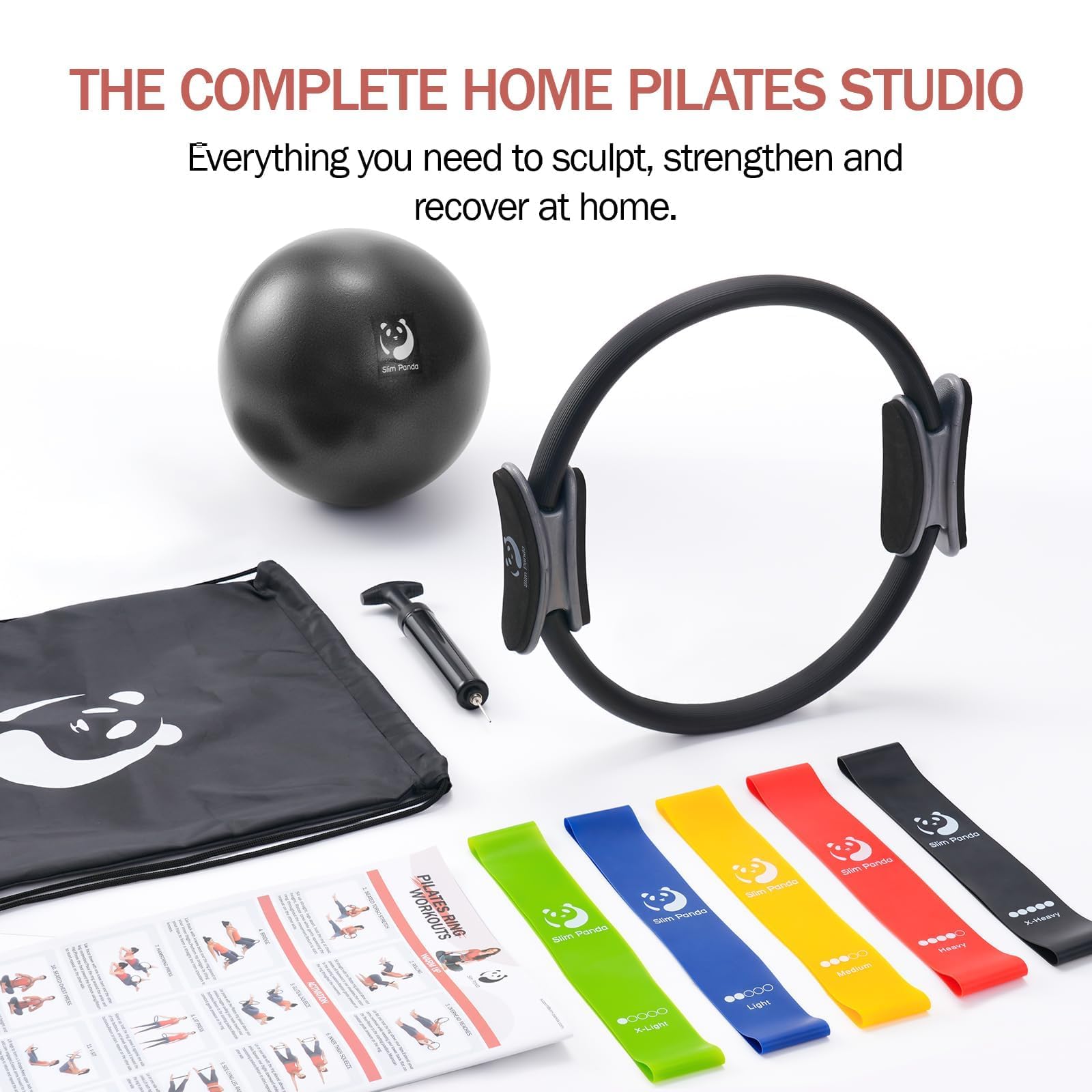 Slim Panda Pilates-Ring-Set, 35cm/14 Durchmesser, robuster Ring mit gepolsterten Griffen, inklusive Pilatesball, Widerstandsbändern, Anleitung und Tragetasche