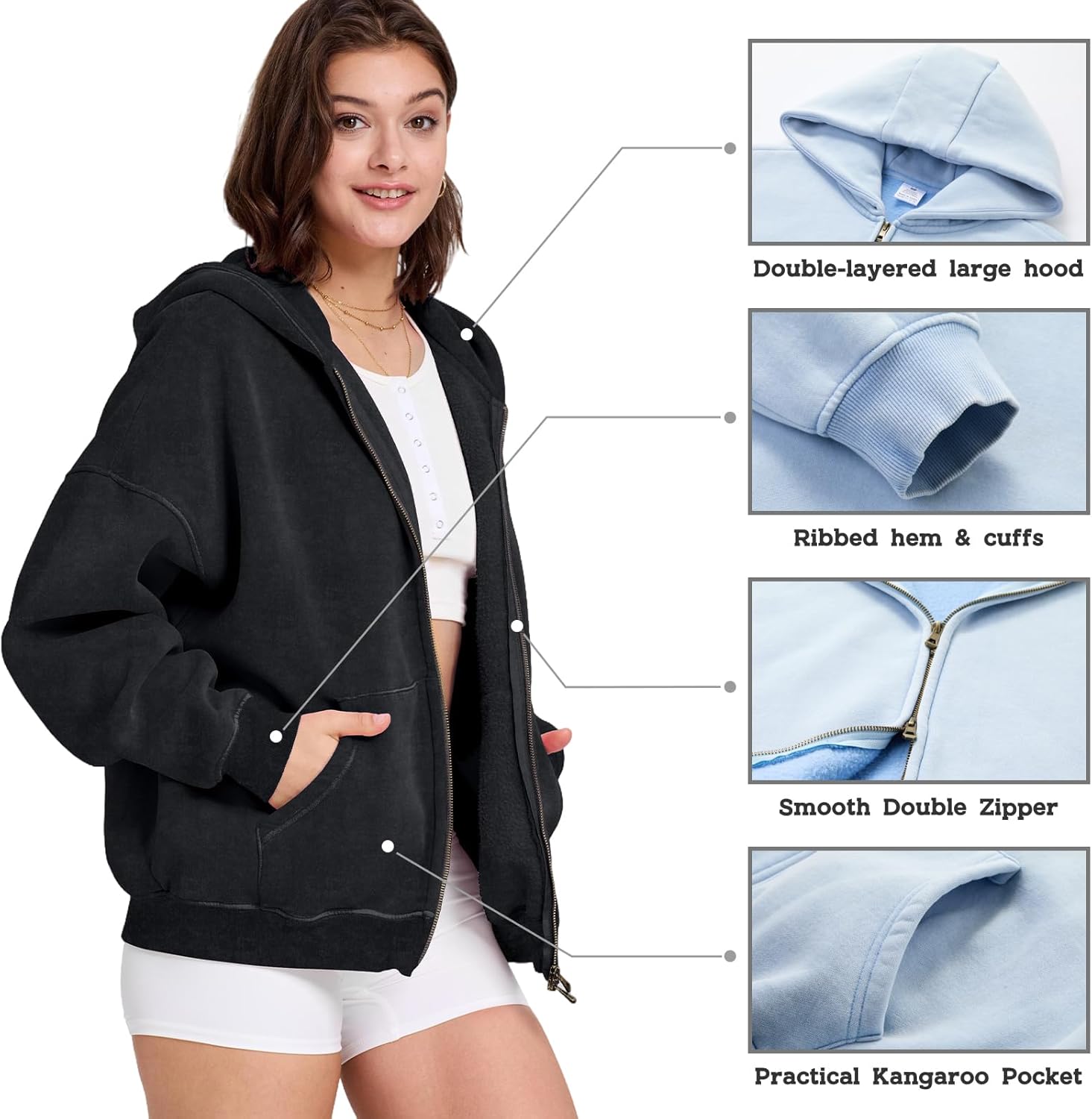 Dnzzs Womens Zip Up Hoodie Oversized Acid Wash Sweatshirts Heavyweight Fall Fashion Outfits Casual Jackets Winter Clothes - Image 3