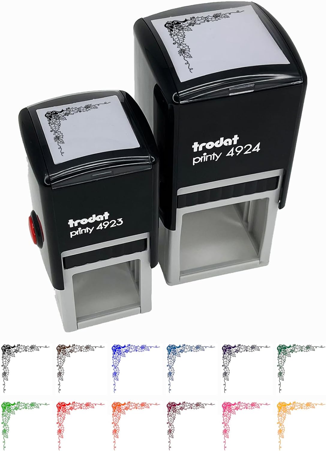 Holly Berries and Bow Corner Border Decoration Christmas Self-Inking Rubber Stamp Ink Stamper - 1-1/2 Inch Large - Red Ink