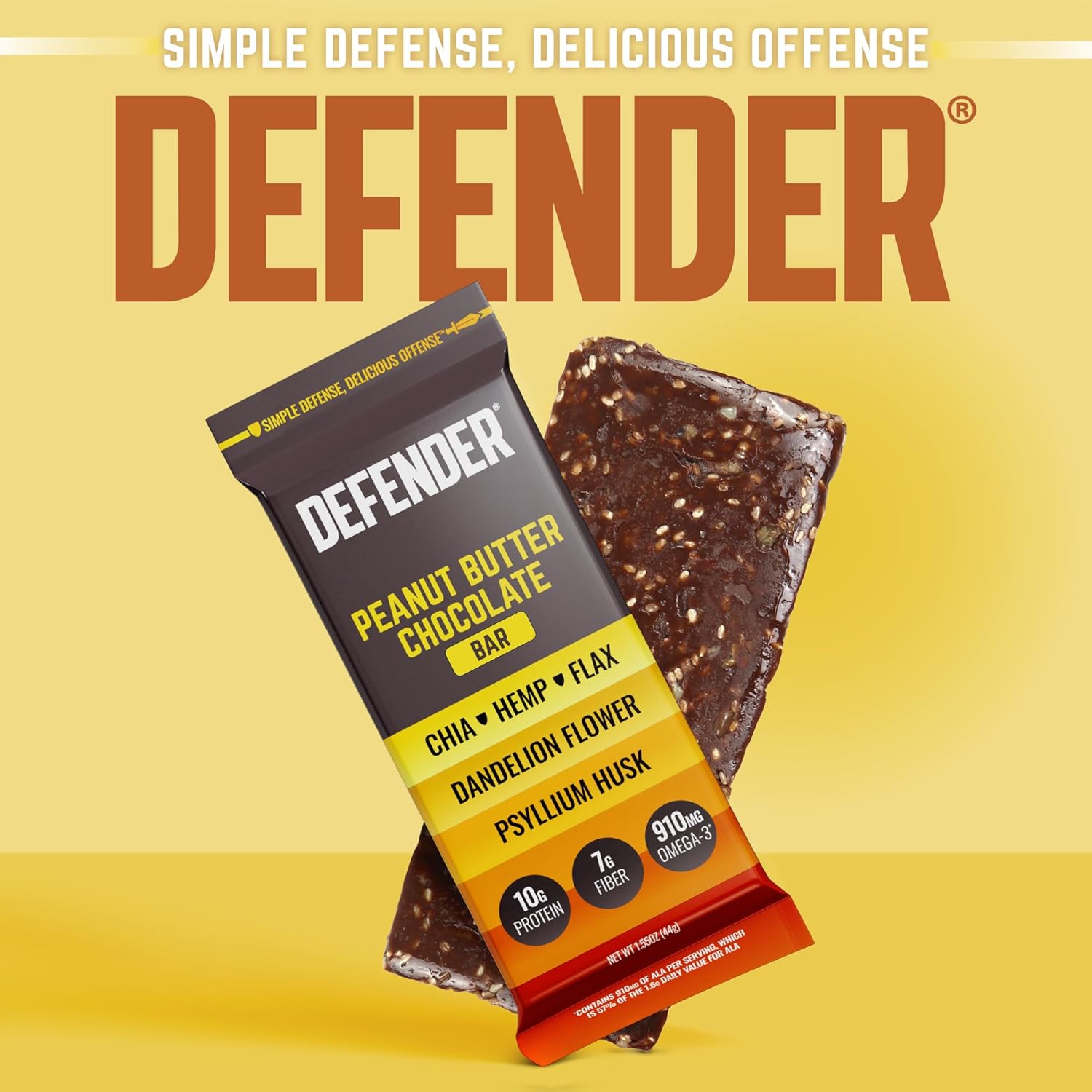 Defender Vegan Protein Bar, Peanut Butter Chocolate, Plant Based Snack or Breakfast Bars, Psyllium Husk, Dandelion Root, High Fiber, Non GMO, Kosher, No Stevia, No Sugar Alcohols, 12 Bars