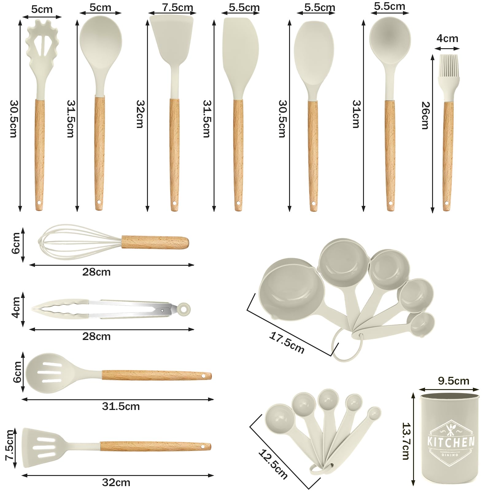 Utensilios de Cocina de Silicona 22 Piezas, set di utensili da cucina per pentole antiaderenti, al Calor y Antiadherentes con Mango de Madera para Utensilios sin BPA (Caqui)