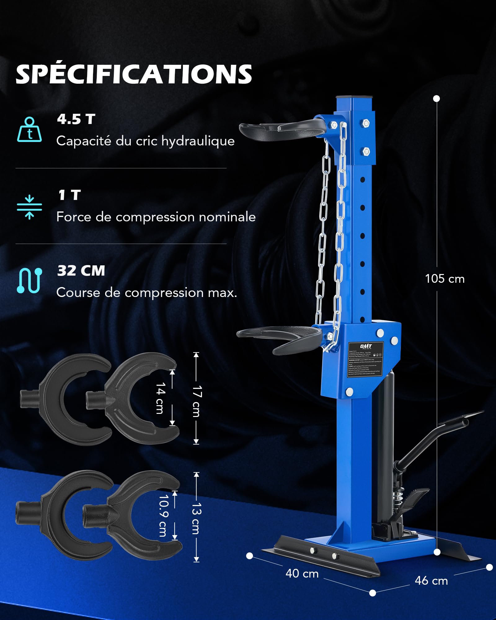 Orion Motor Tech Compresseur de Ressort Amortisseur Hydraulique Force de Compression 1 Tonne Capacité 4,5 Tonnes de Vérin Hydraulique avec 4 Pinces à Ressort pour Voitures Camions SUVs