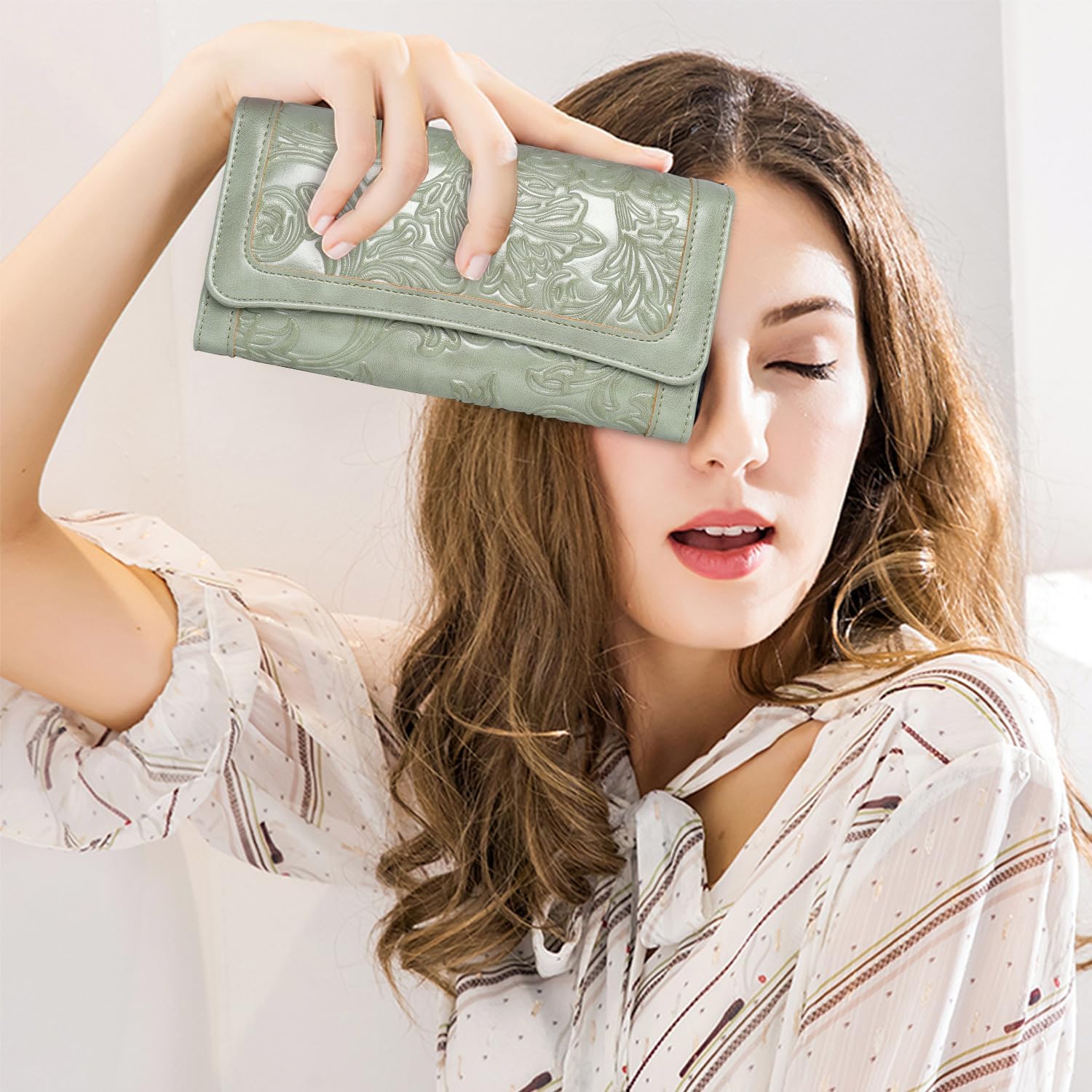 MEITRUE Women's Wallet Leather RFID Blocking Trifold Ladies Purse Embossed long Clutch Card Holder Phone Checkbook Organizer - Image 3