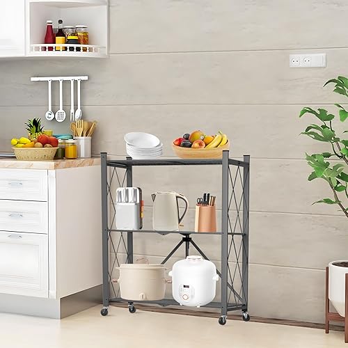 Miniatura 8 de Yuanjimi Estante de almacenamiento plegable de 3 niveles con ruedas, unidad de estantería de garaje resistente que carga 550 libras, estantes