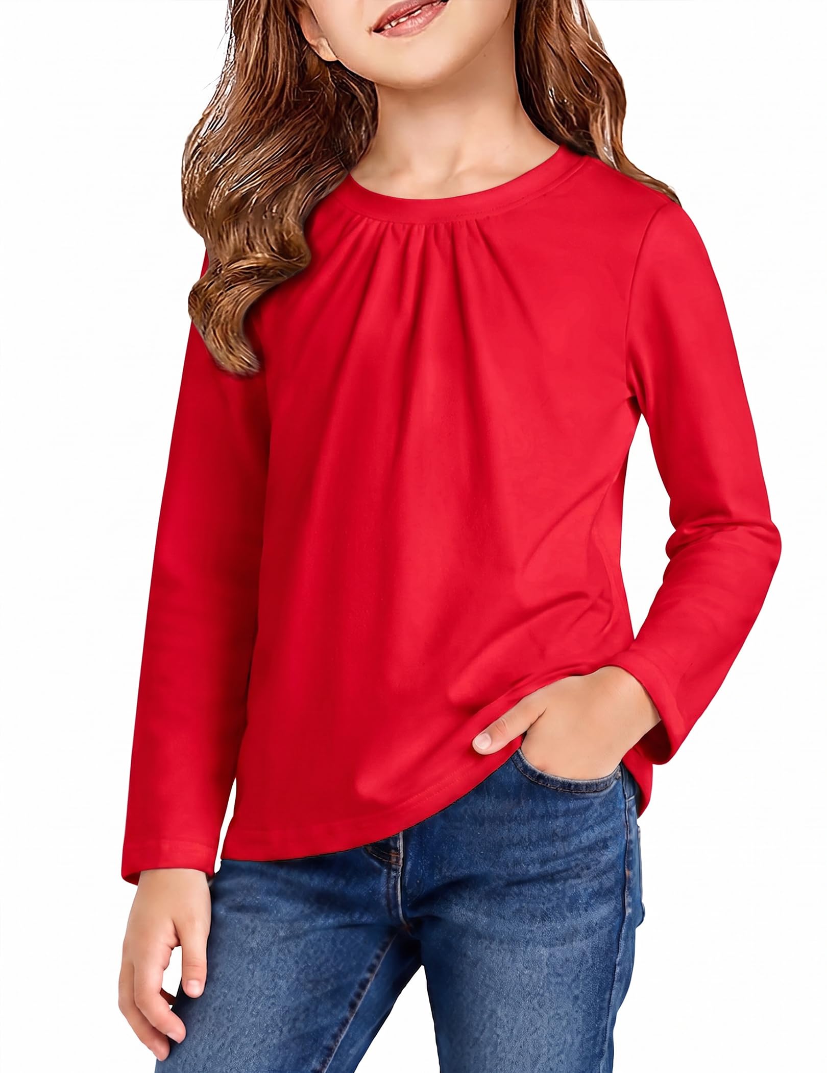 Arshiner Mädchen Baumwollshirts Langarm Tops Oberteil mit Falten Vorne Rot