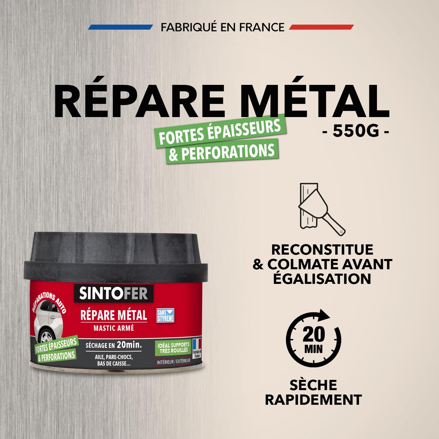 SINTO Mastic répare métal armé 500ml | Reconstitue et colmate avant égalisation, réparations en épaisseur et pièces percées, véhicules gouttières rampes et volets