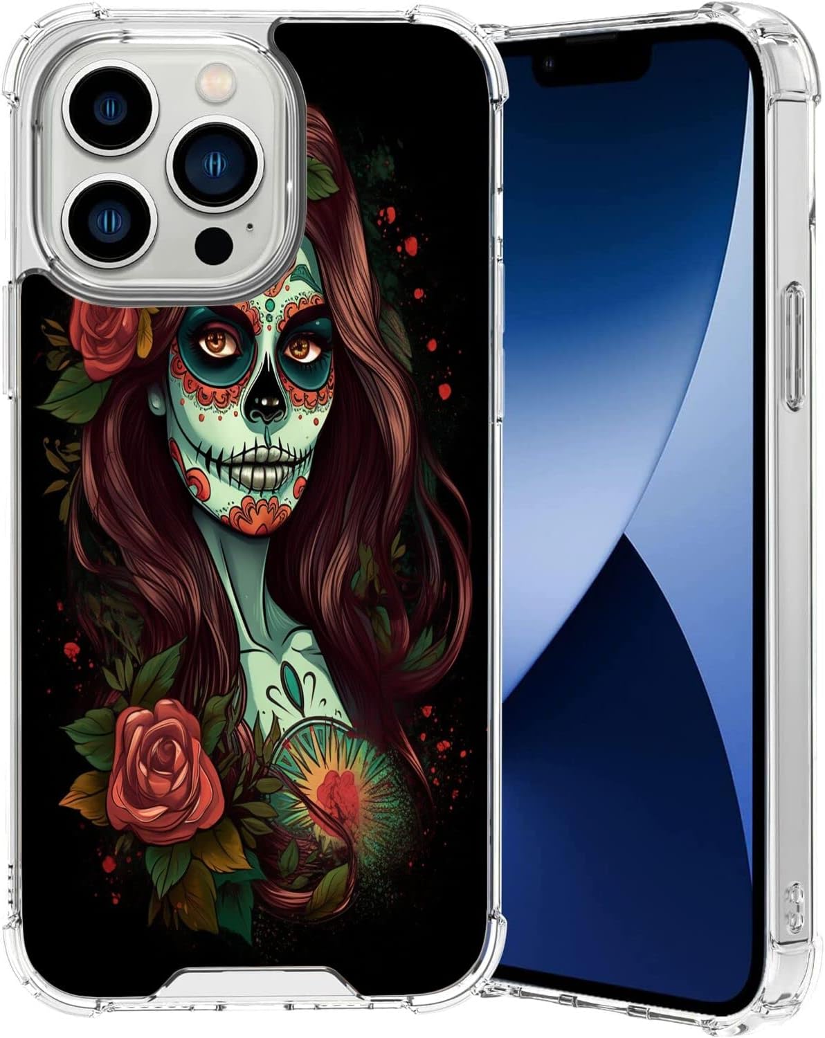SHENCANG BLUE Case for iPhone 14 Pro with Designer Sugar Skull Art-20 Pattern Clear Frame Slim Transparent Soft TPU Shock-Proof Four Corners Reinforced Mobile Phone Case