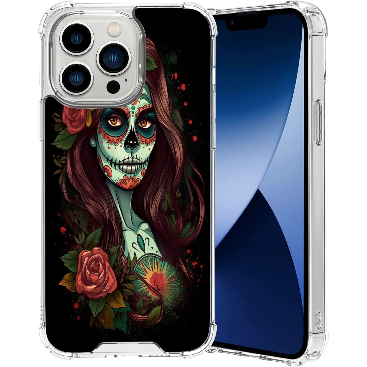 SHENCANG BLUE Case for iPhone 14 Pro with Designer Sugar Skull Art-20 Pattern Clear Frame Slim Transparent Soft TPU Shock-Proof Four Corners Reinforced Mobile Phone Case