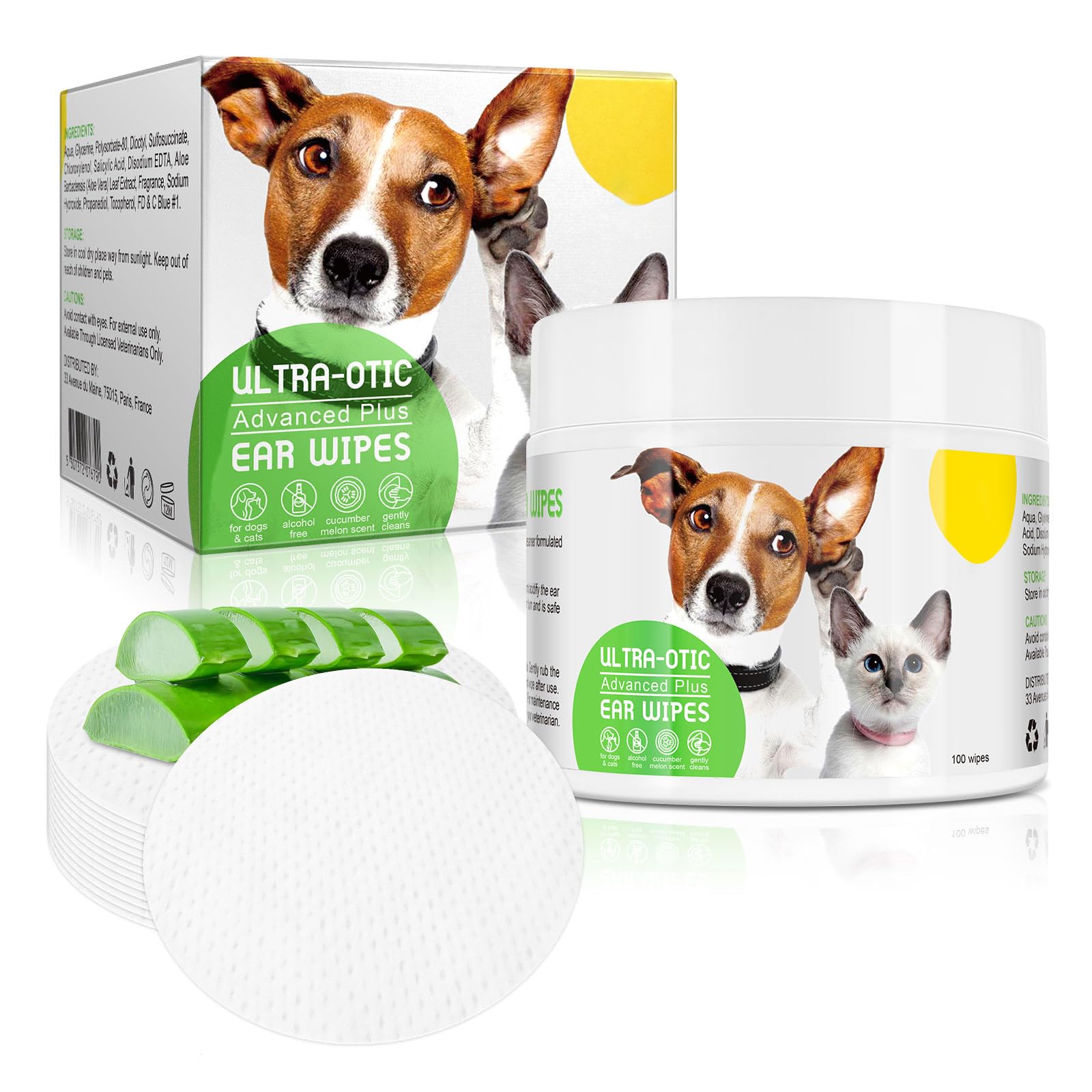 Dog Ear Cleaner Wipes for Cats & Dogs, Ear Cleaning Wipe with Aloe Cucumber, Gentle Ear Wipes for Dirty, Waxy, Smelly Ears - Non-Irritating (100 Counts)