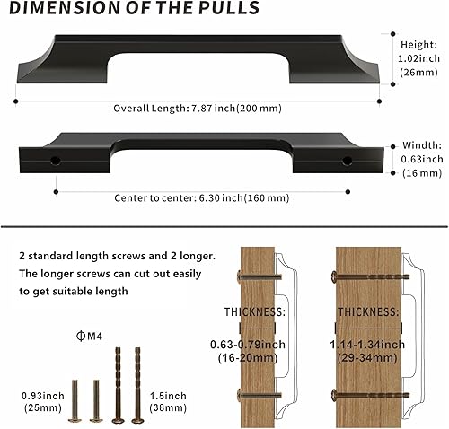 Miniatura 2 de Paquete de 6 tiradores de gabinete de color negro mate, 7.56 pulgadas con espacio entre tornillos de aleación de aluminio, manijas de gabinete de