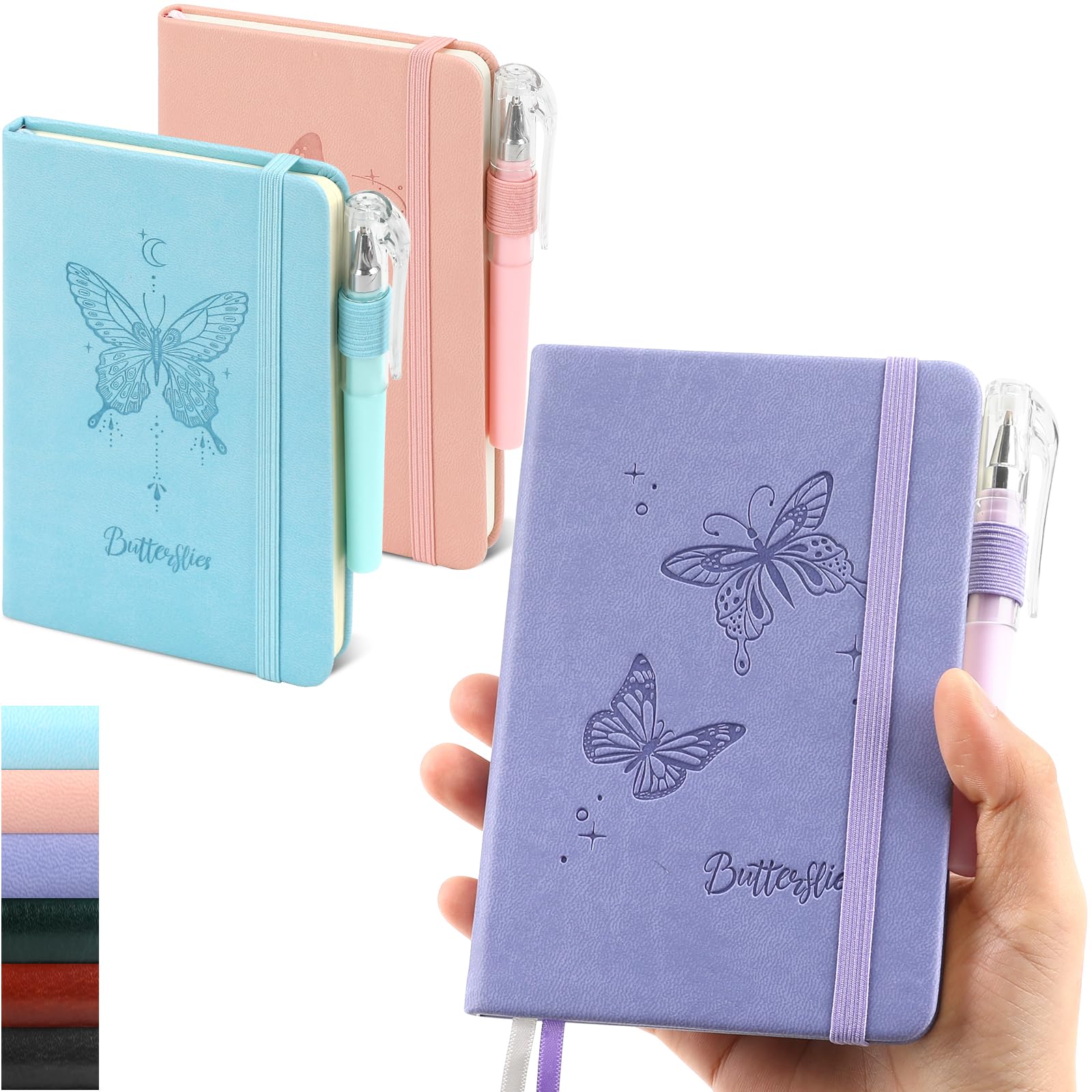 Small Notebook College Ruled, 3 Pack (3 color) 3.7x5.7 in Pocket Notebook A6 Butterfly Journaling Notebooks Mini Hardcover Lined Note Pads with Pens for Work Business Travel and Office Supplies