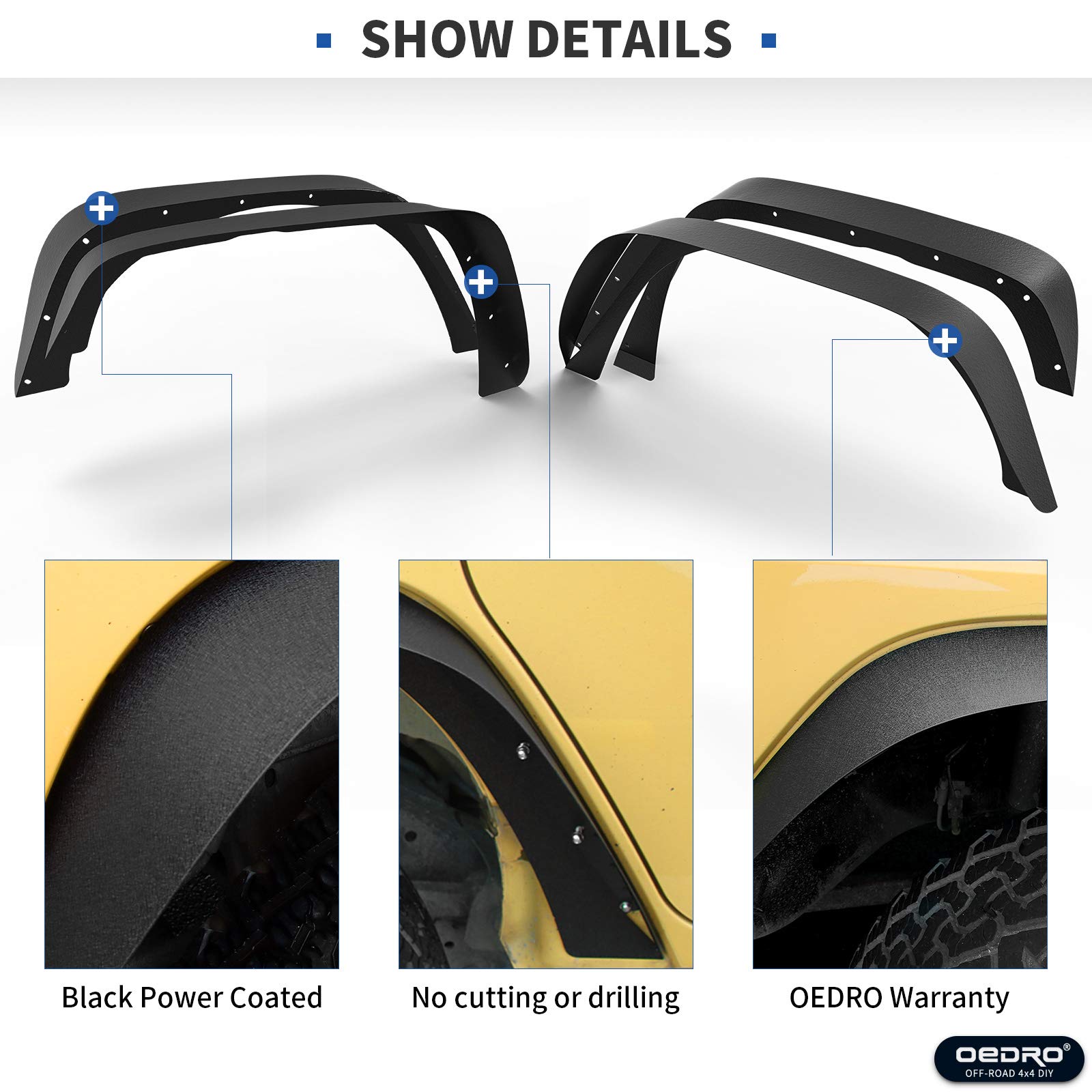 oEdRo Flat Front & Rear Fender Flares Compatible with 20072018 Jeep
