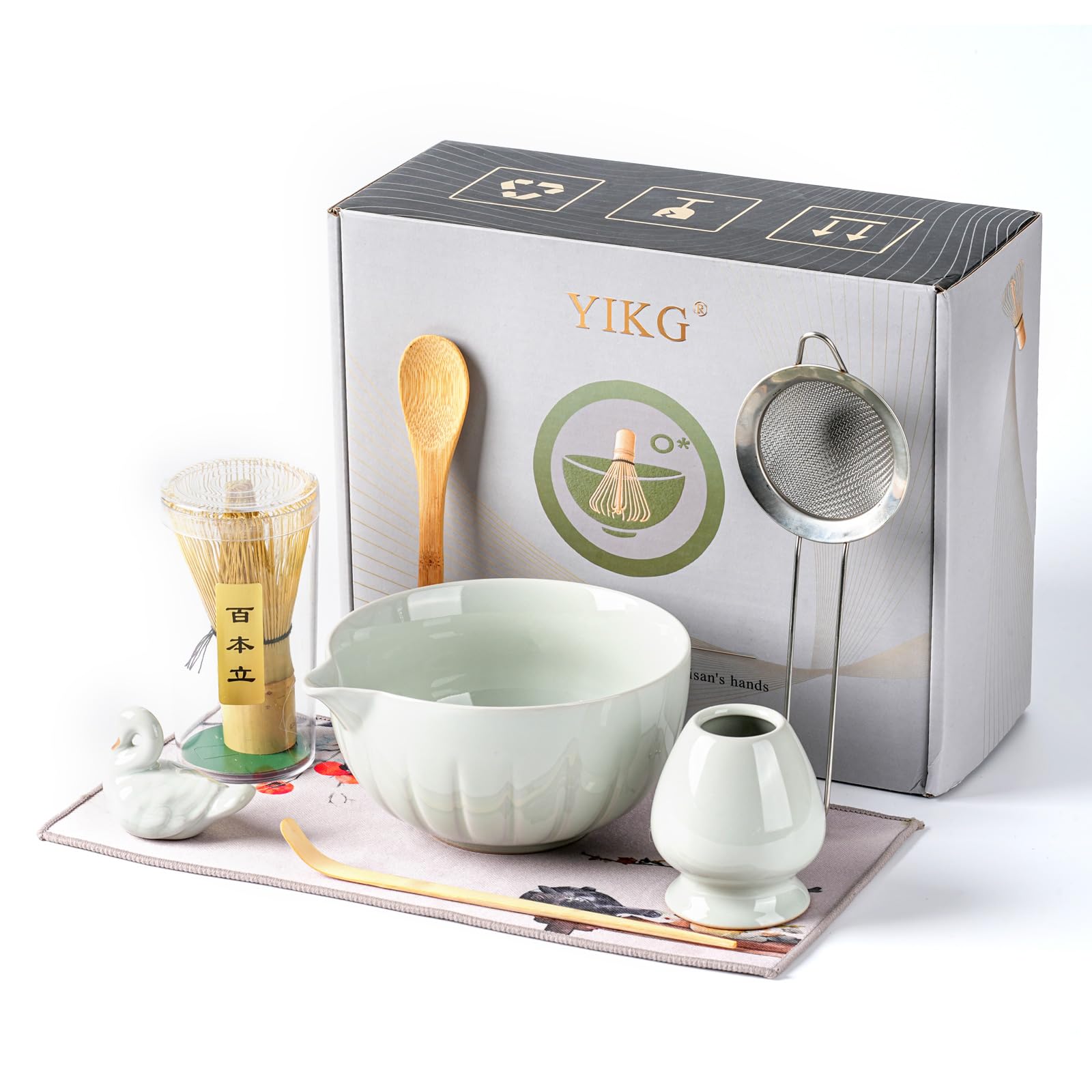 Matcha Whisk Set - 8PCS Japanese Tea Set Includes Matcha Bowl, Bamboo Whisk with Ceramic Holder, Bamboo Scoop, stainless steel sifter, tea towel, handle scoop,Matcha Kit for Ceremony(White/8PC)