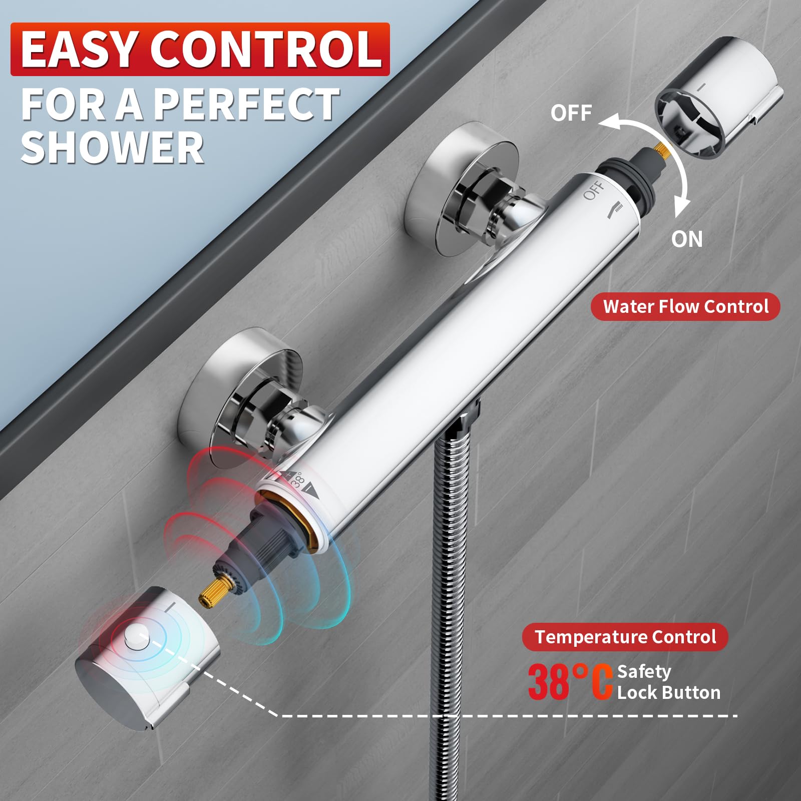 Rainsworth Barra mezcladora termostática de ducha montada en la pared, aleación de zinc cromada | Grifo mezclador de ducha con válvula de control antiquemaduras, grifo de ducha de baño