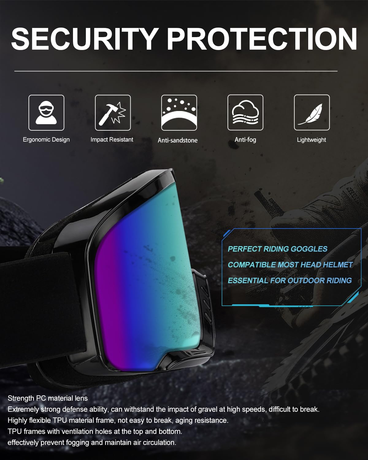 Motorradbrille, Crossbrille ATV Dirt Bike Off Road Racing MX-Fahrbrille Anti Fog UV-Schutz Schutzbrille mit Double Lens Schaumstoff, Verstellbarer Riemen Erwachsenen-Motocross