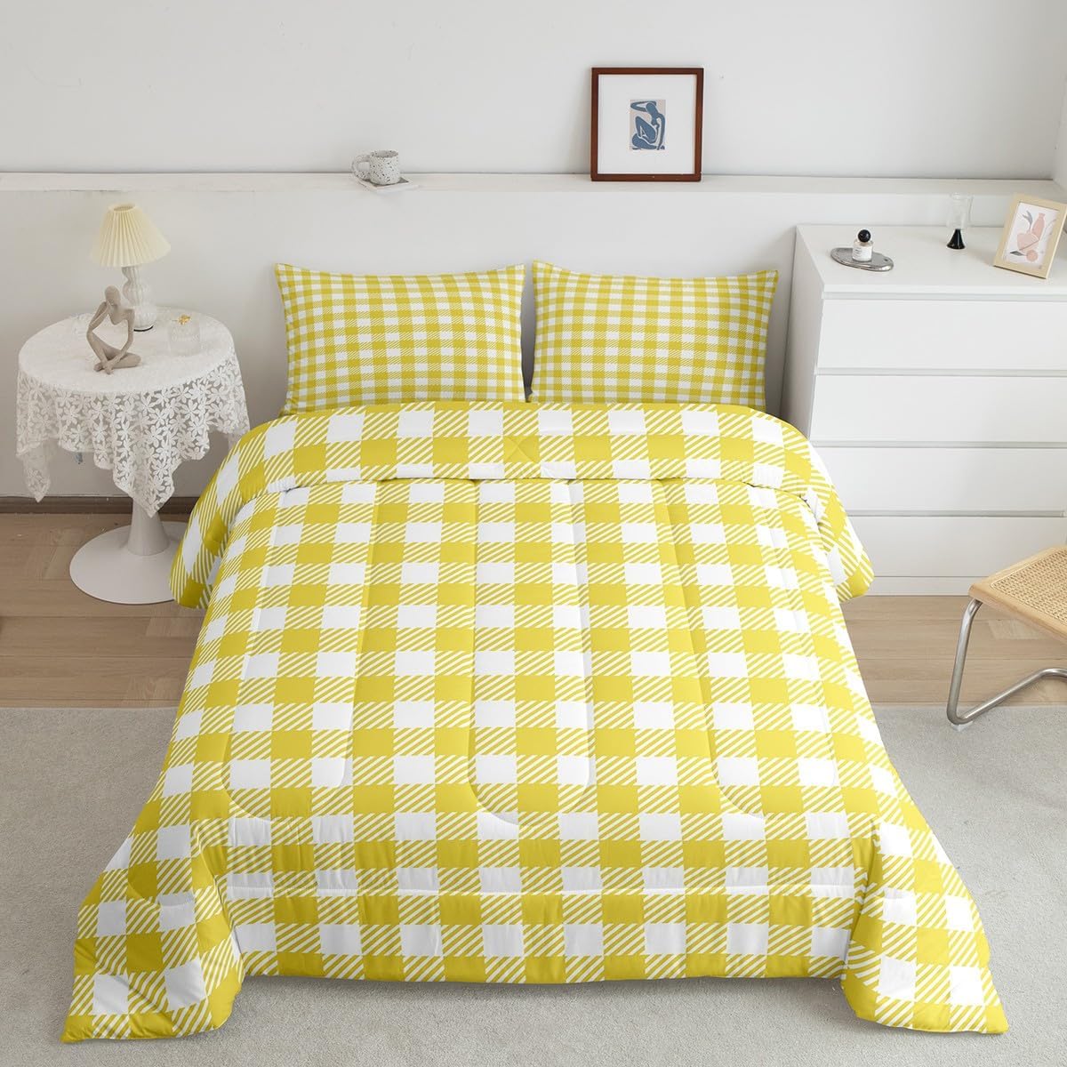 Manfei Green Plaid Comforter Set Buffalo Check Plaid Bedding Set Classic Gingham Pattern Bedding Home Decor Light Green White Scottish Comforter Twin Size Quilted Duvet Set with 1 Pillowcase