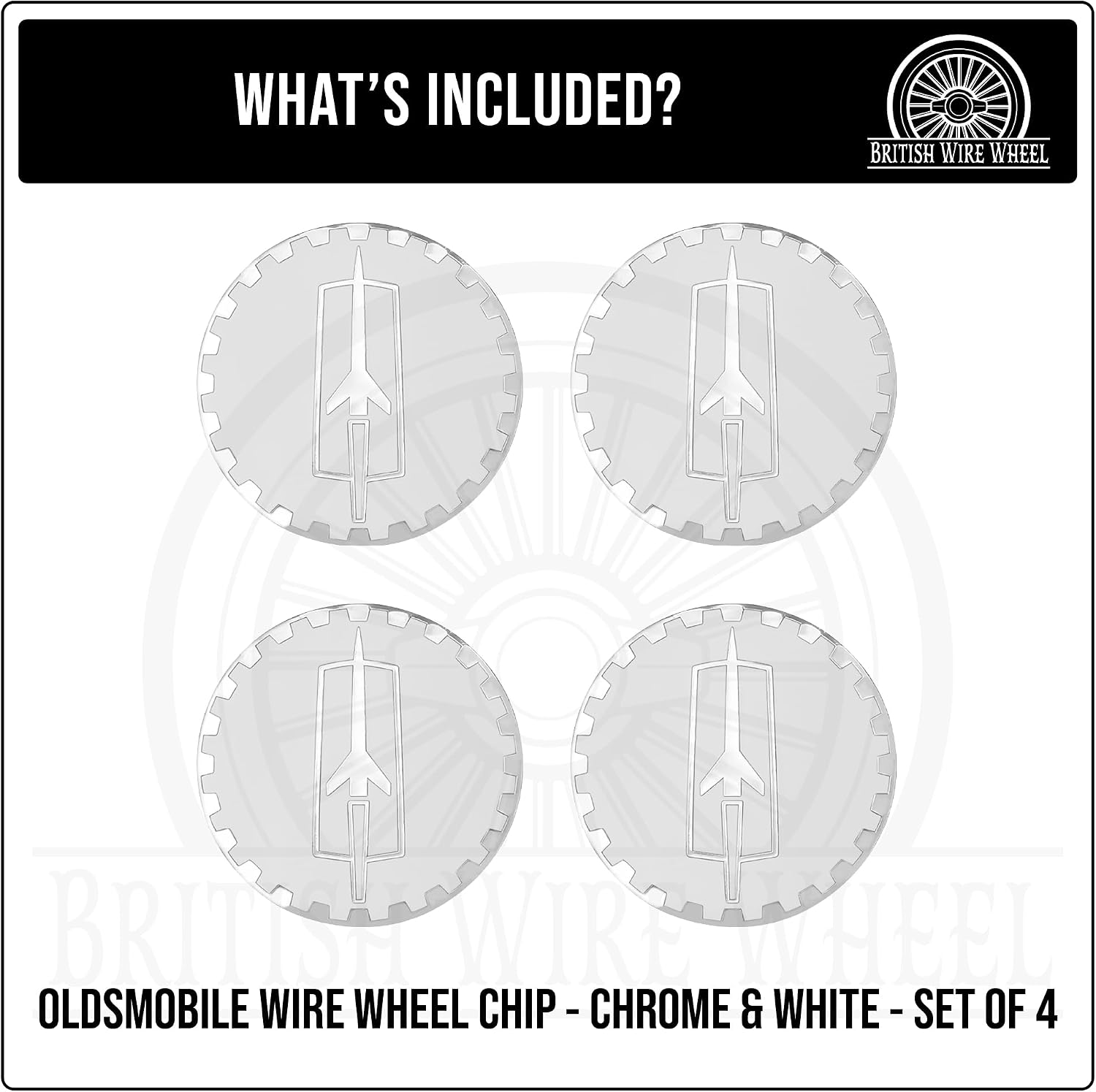 Olds Chrome & White Metal Wheel Chip Emblems (Set of 4) | Triple Chrome Plated Solid Metal Wheel Chip Emblems, 2.25" | for Lowriders with Recessed Knock Off Spinner Caps