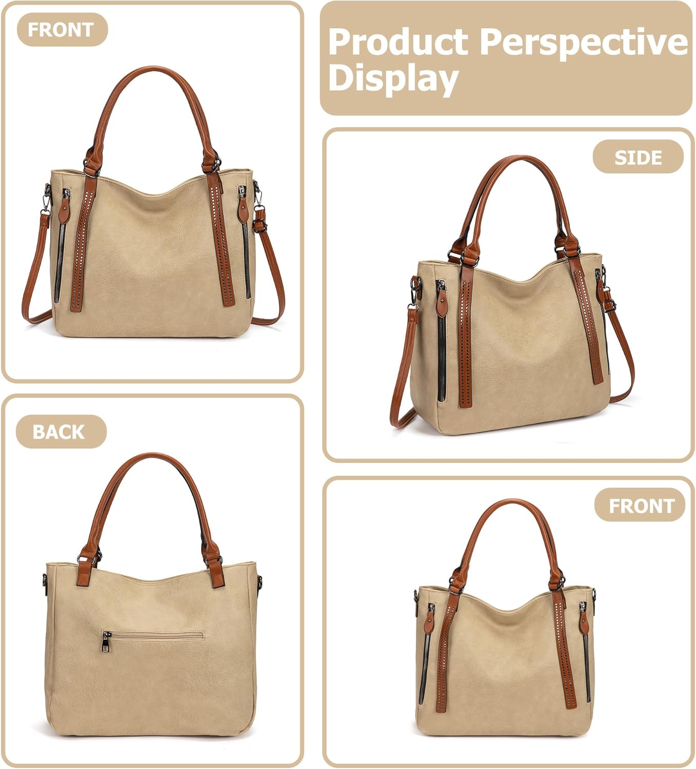 myfriday Vintage Slouchy Tote Bag for Women, Large Vegan Leather Hobo Shoulder Bag Satchel Purse with Adjustable Strap - Image 4