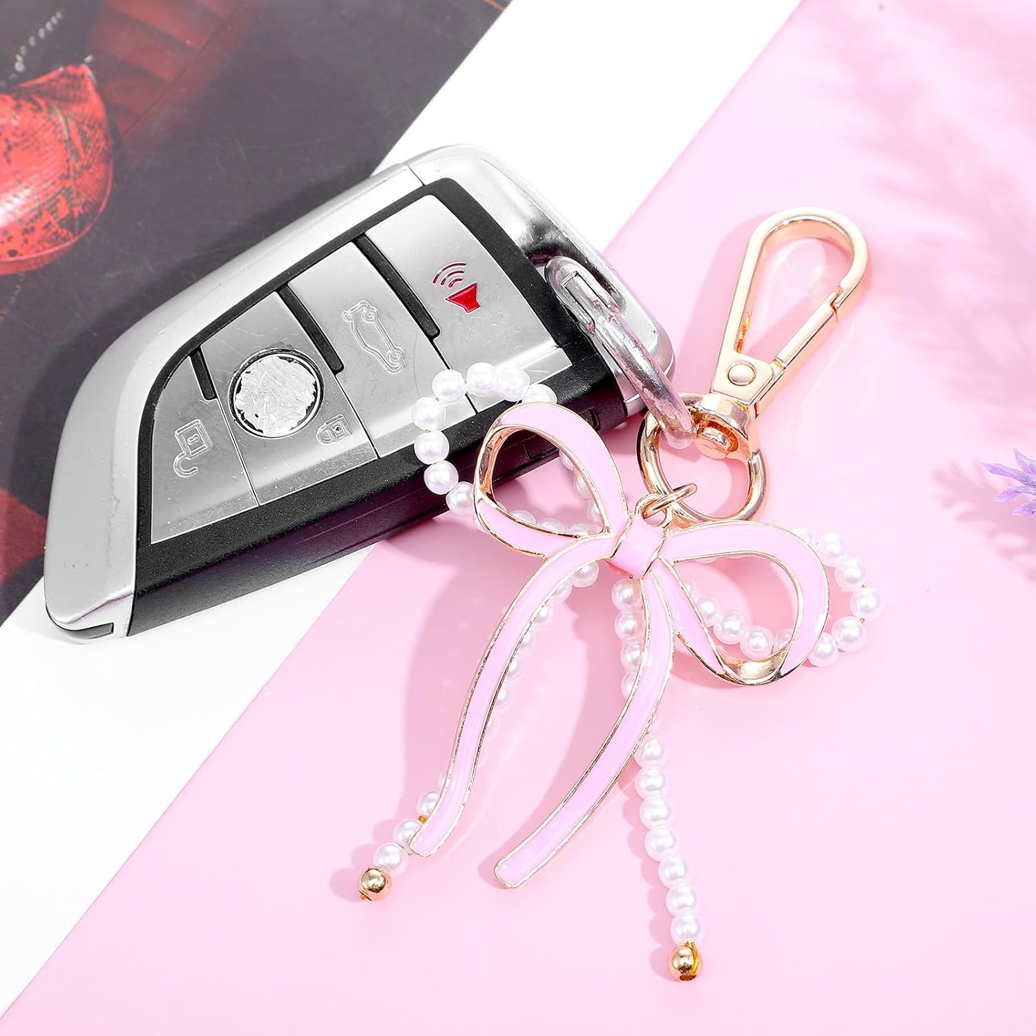 Pearl Bow Bag Charm, Bow Charm Keychain Cute Pearl Bows Keychain for Women Pink Bows Keychains Accessories for Purse Handbag Backpack Car Key Thanksgiving Day - Image 6