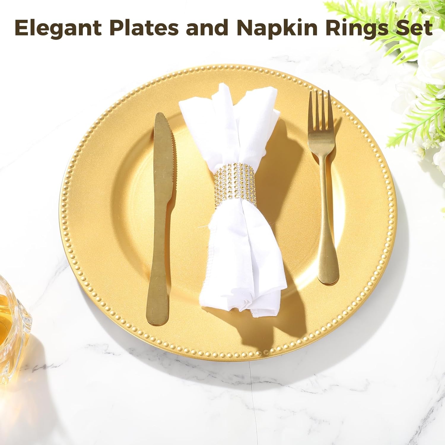 OMISTAR 48 Pcs Charger Plates and Napkin Rings Set, 24 Gold Plastic Charger Plates with 24 Napkin Rings, Decorative Tableware for Weddings and Banquets, Elegant Gold Metallic Finish