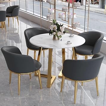 Office Reception Room Club Table, Round Dining Table Set, Office Reception Table and Lounge Chair Set, 80cm Round Table and 4 Leather ChairsDark Gray