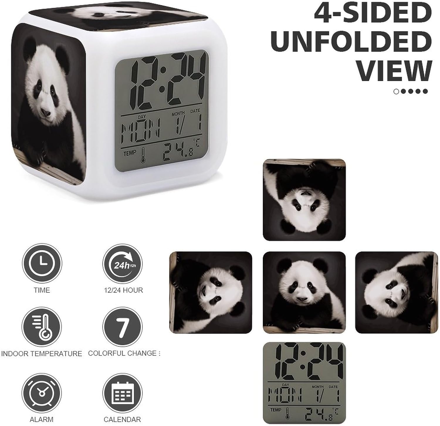 Cute Black and White Panda Alarm Clock Led Display Alarm for Bedroom Smart Digital Alarm with 7 Color NightLight Small Night Light Clock for Heavy Sleepers Simple Operation image 4