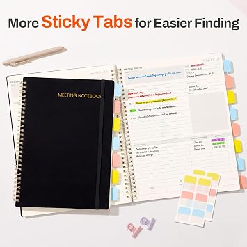 SUNEE Meeting Notebook for Work with Sticky Tabs - 160 Pages, B5 Size Project Planner, Spiral Meeting Agenda/Minutes Notebook Organizer for Women Men, Note Taking, Office & Business, 7x10, Black