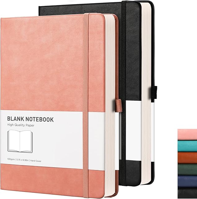 RETTACY 2 Pack A5 Plain Notebook Hardback Blank Leather Journal/Notebook with 384 Pages 100gsm Thick Paper, Pen Holder, Inner Pocket, Couple Bundle,14.5 x 21cm