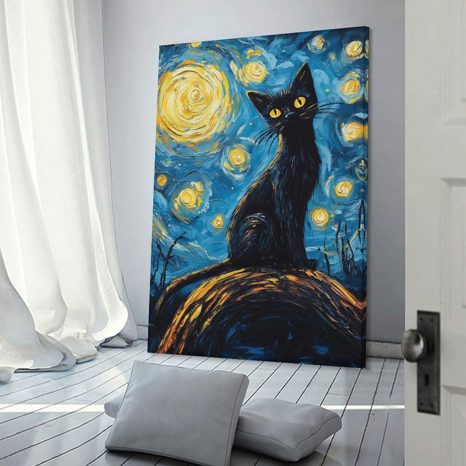 Junmoney Black Cat Starry Night Sky Canvas Wall Decor, 20x30inch(50x75cm), for Apartment Walls, Studios Or Work Areas, Decorative Canvas Decor for Home Updates