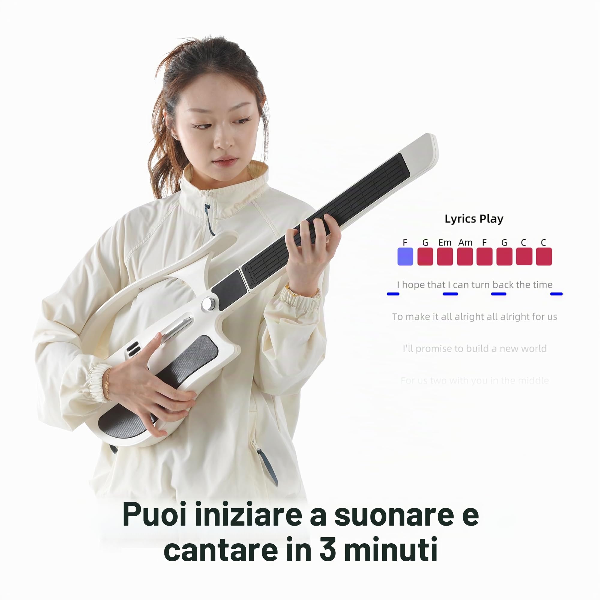 Chitarra intelligente senza corda, portatile e pieghevole con controllo app, generatore di accordi, batteria integrata e altoparlante, 100 toni sonori per principianti e bande,