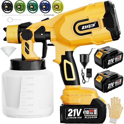 Cordless Paint Sprayer Gun with Battery 2 X 4000mAh, Handheld Electric Paint Gun with 5 Copper Nozzles, 1200ML Containers, Airless HVLP Paint Sprayer for House Painting Furniture Cabinets Fence Wall