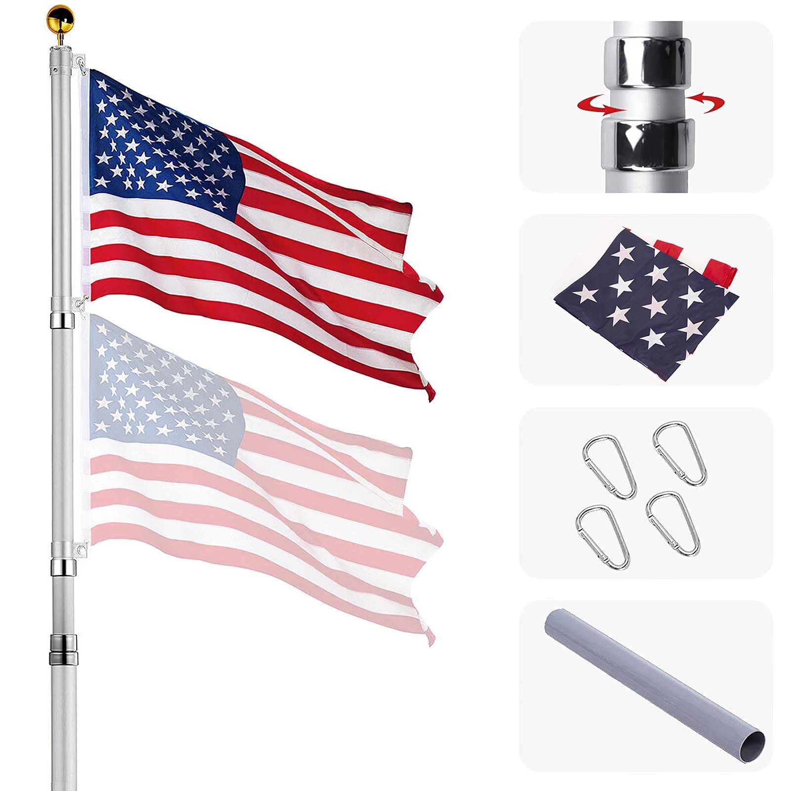 Buy Telescoping Pole Kit, 25FT Heavy Duty Extendable Telescopic Aluminum Pole with 3x5 American