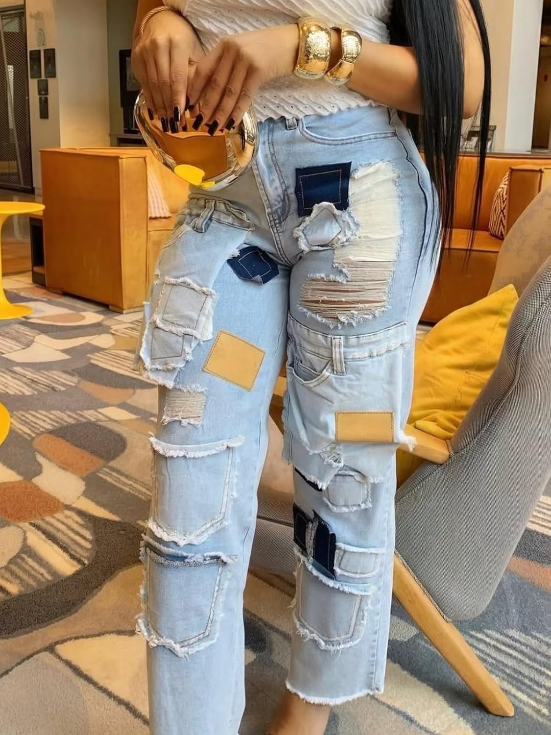 Tbahhir Women Distressed Jeans High Waist Wide Leg Patchwork Denim Pants Boyfriend Trendy Trouser with Pockets - Image 4
