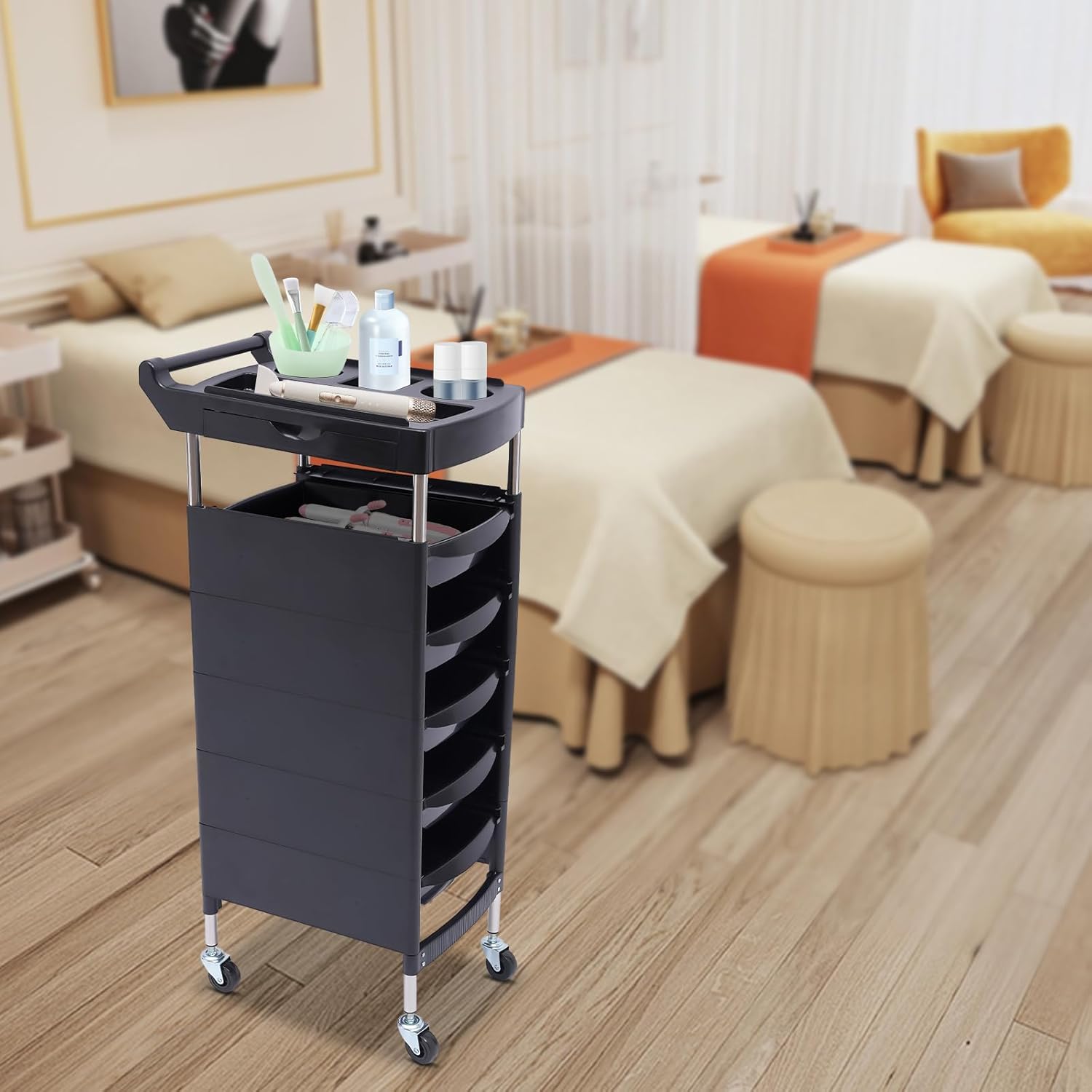 Salon Trolley, 5 Drawers and 2 Hair Dryer Holder Side Tray, Multi-Functional Trolley Carts w/Drawers, Space-Saving Rolling Cart Versatile Utility Cart for Stations