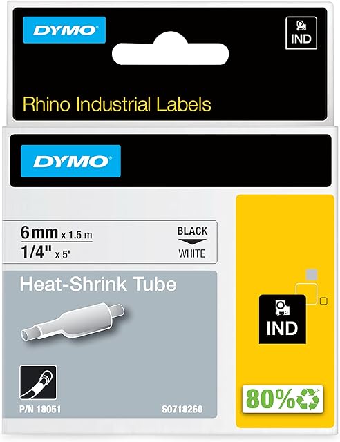 DYMO Rhino Industrial Heat-Shrink Cable Label Tubes | 6mm x 1.5m | Black Print on White | for Rhino Label Makers