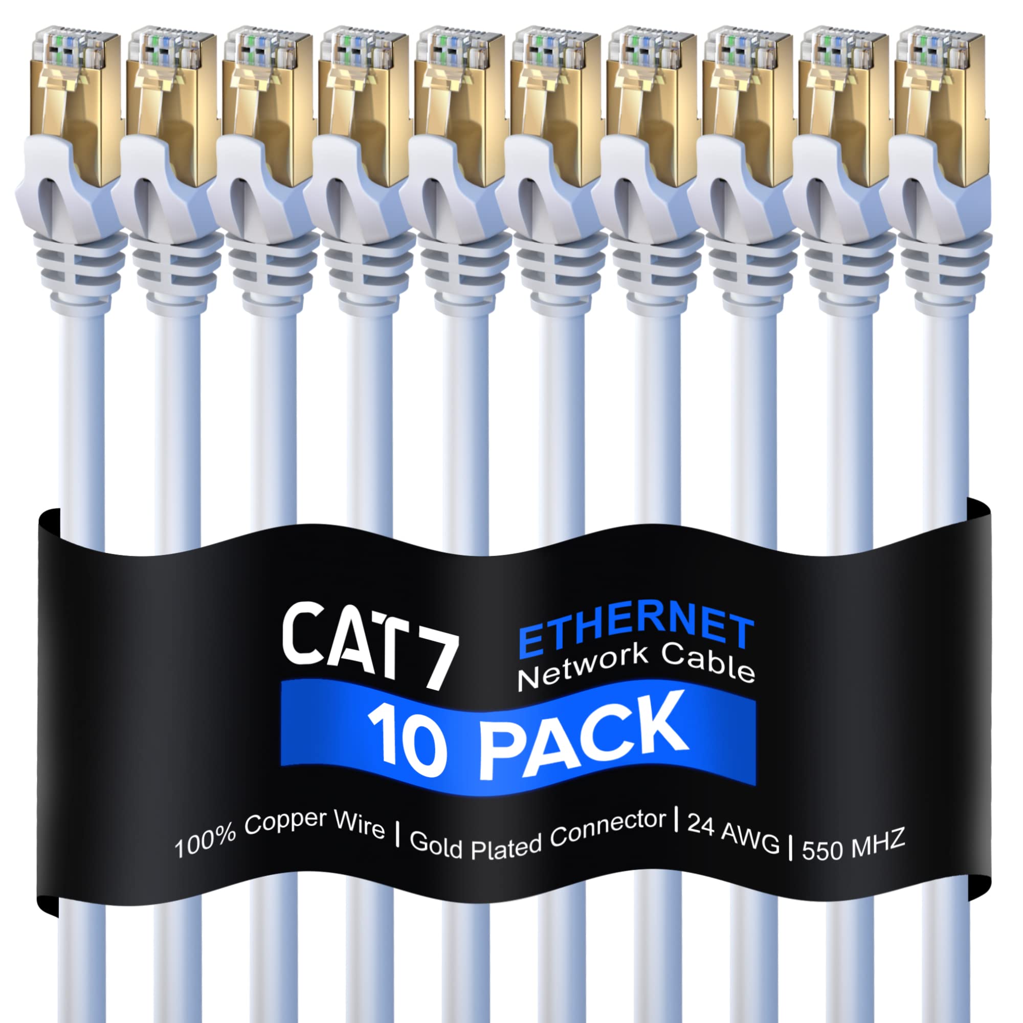 Cat 7 Ethernet Cable 75 ft - (10 Pack) High-Speed Cat7 Internet & Network LAN Patch Cables, RJ45 Connectors - Perfect for Gaming, Streaming, and More (White)