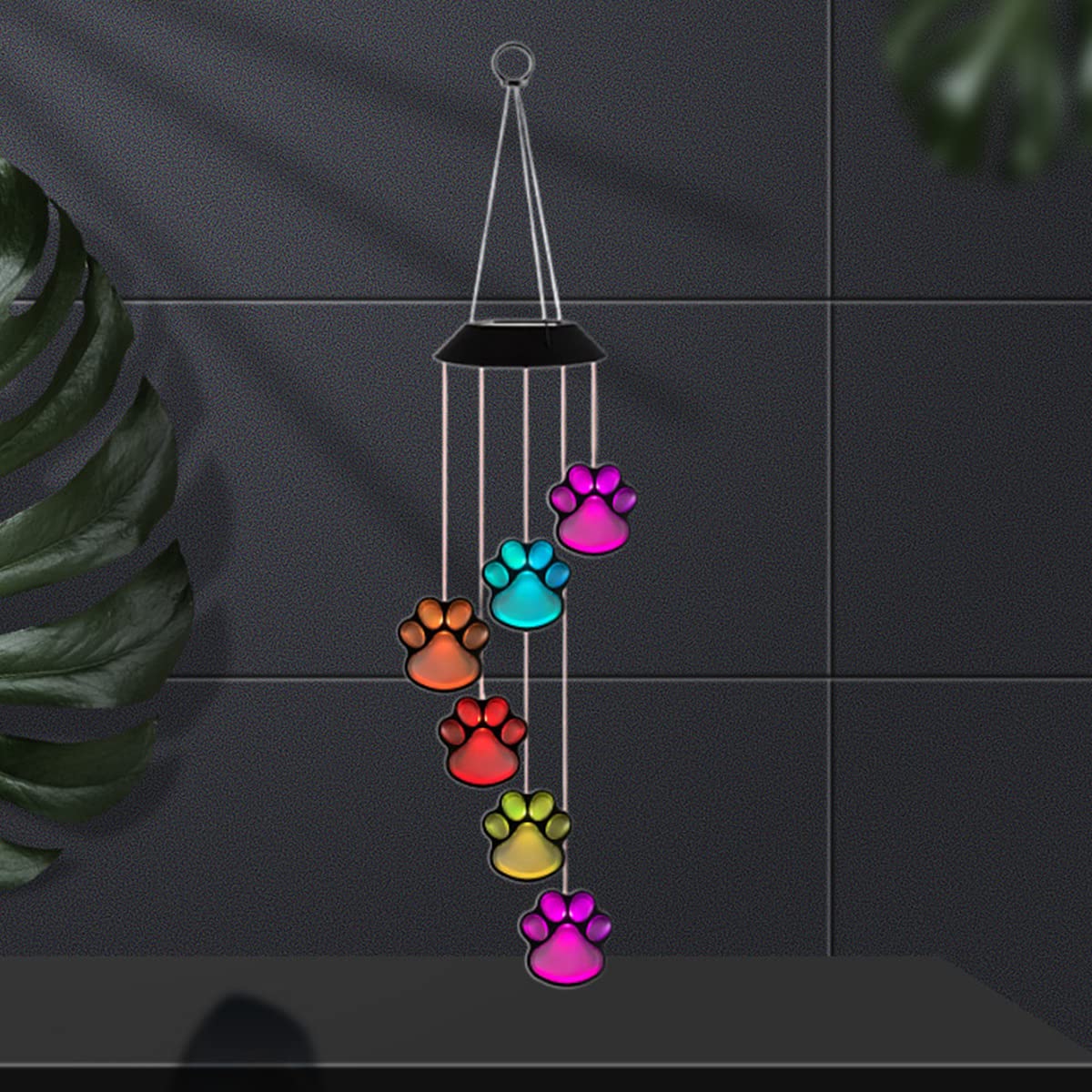 Solar Wind Chimes for Outside Paw Print Wind Chime Color Changing Solar Hanging Lights Outdoor Windchimes Waterproof Wind Bell Sympathy Gift for Pet