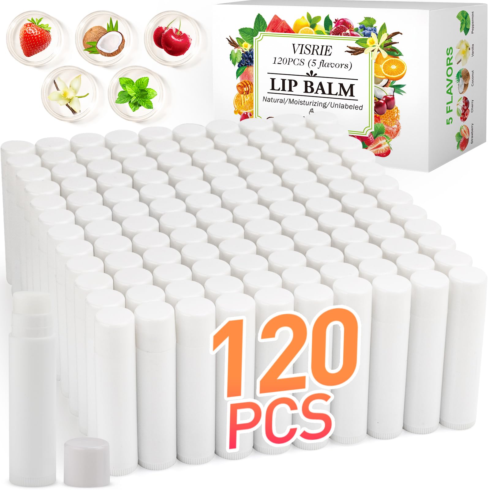 120 Pack Natural Lip Balm Bulk Tube, Personalized for Party Favors and Gift Basket Filling, Wedding or Baby Shower - 5 Flavors