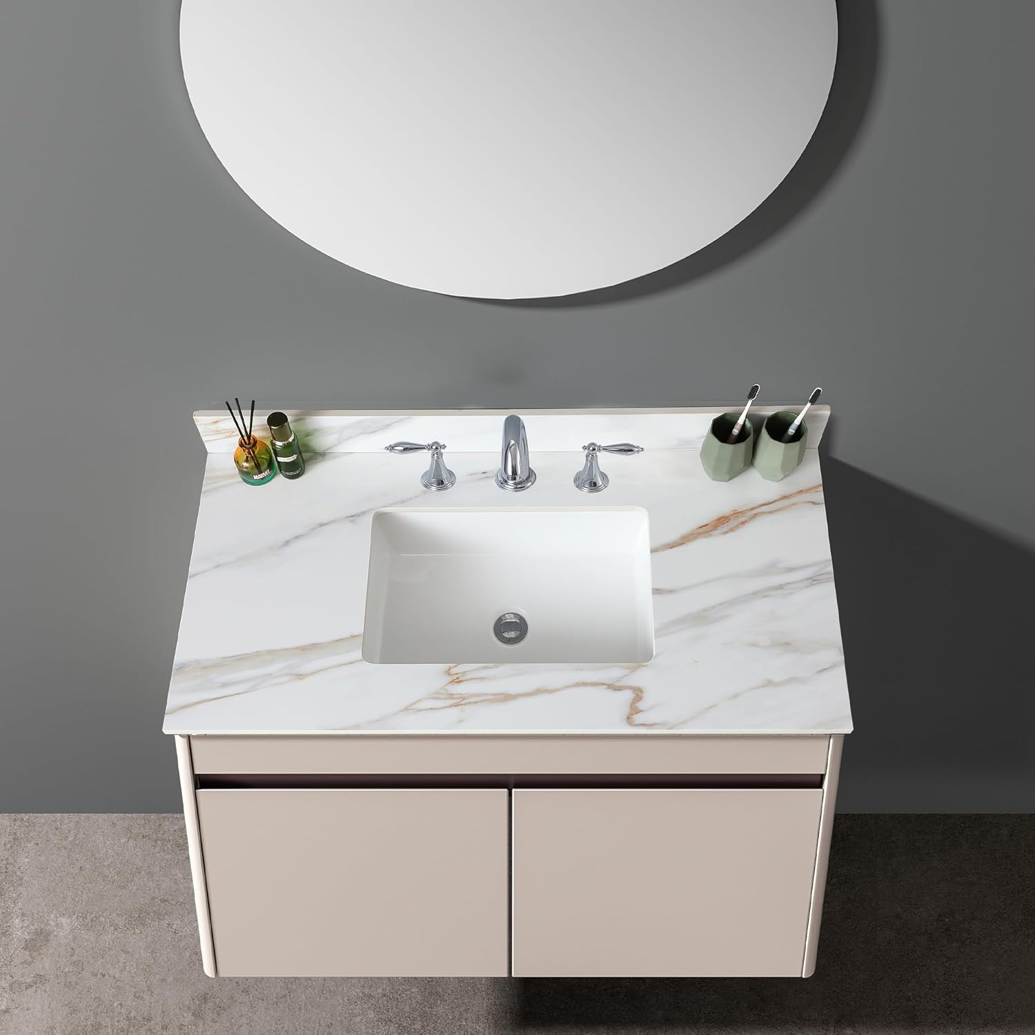 Montary Rectangular Vanity Top with Sink, 37" x 22", Sintered Stone, Undermount, Polished, Carrara White, 1 Hole, Bathroom Countertop with Backsplash
