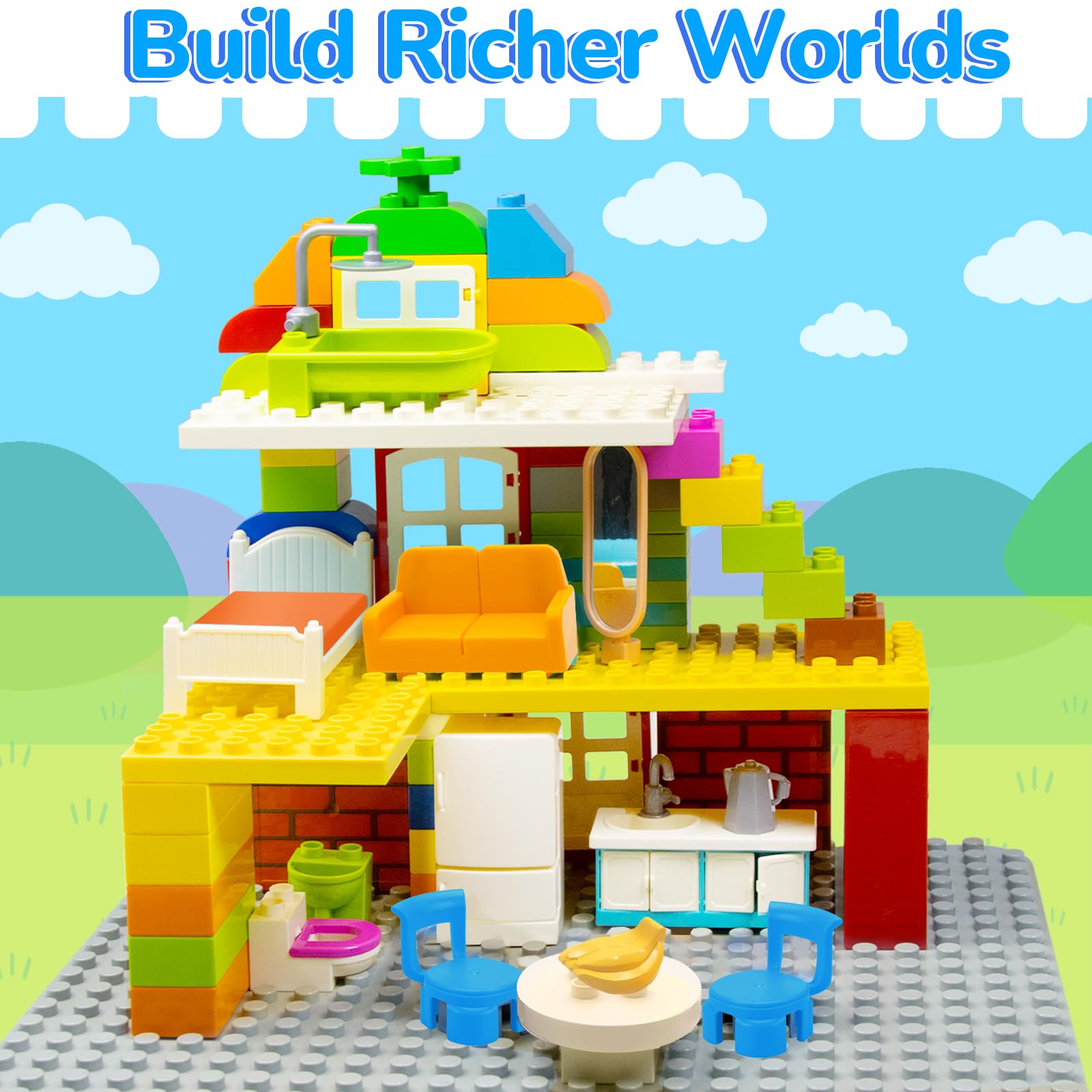 Großen Bausteinen Zubehör Set, Erweiterung mit Bett, Sofa- & Möbeln Kompatibel mit Allen Duplo Steinen Kreatives Bauen ab 3 Jahren