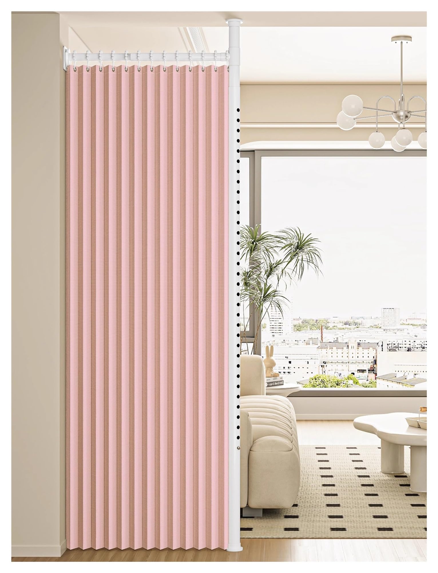 Raumteiler-Vorhänge ohne Bohren, einziehbare Stange, Sichtschutzvorhänge for die Veranda, große dekorative Raumteiler-Wandzäune(Pink,210-260cm)